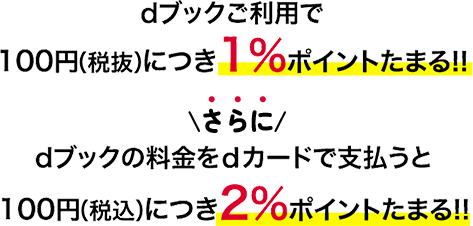 dブックご利用で100円（税抜）につき1%ポイントたまる。さらにdカードで支払うと100円（税抜）につき2%ポイントたまる。
