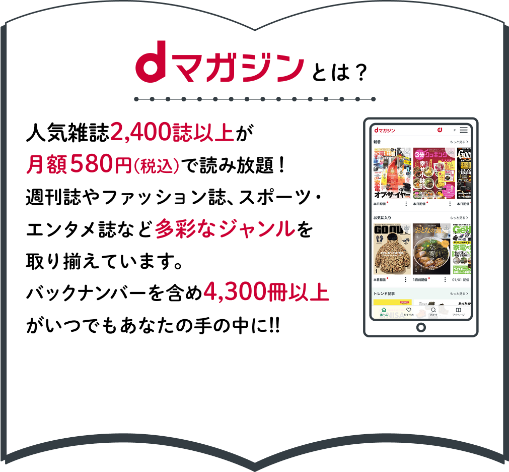 dマガジンとは？人気雑誌2,400誌以上が月額580円(税込)で読み放題！週刊誌やファッション誌、スポーツ・エンタメ誌など多彩なジャンルを取り揃えています。バックナンバーを含め4,300冊以上がいつでもあなたの手の中に!!