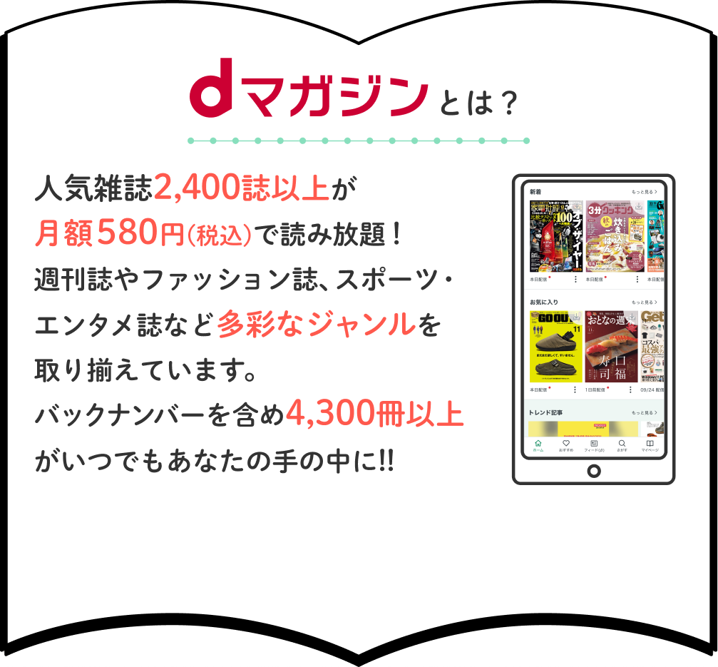 dマガジンとは？人気雑誌2,400誌以上が月額580円（税込）で読み放題！週刊誌やファッション誌、スポーツ・エンタメ誌など多彩なジャンルを取り揃えています。バックナンバーを含め4,300冊以上がいつでもあなたの手の中に!!