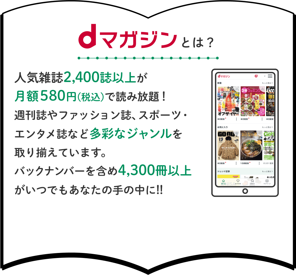 dマガジンとは？人気雑誌2,400誌以上が月額580円(税込)で読み放題！週刊誌やファッション誌、スポーツ・エンタメ誌など多彩なジャンルを取り揃えています。バックナンバーを含め4,300冊以上がいつでもあなたの手の中に!!