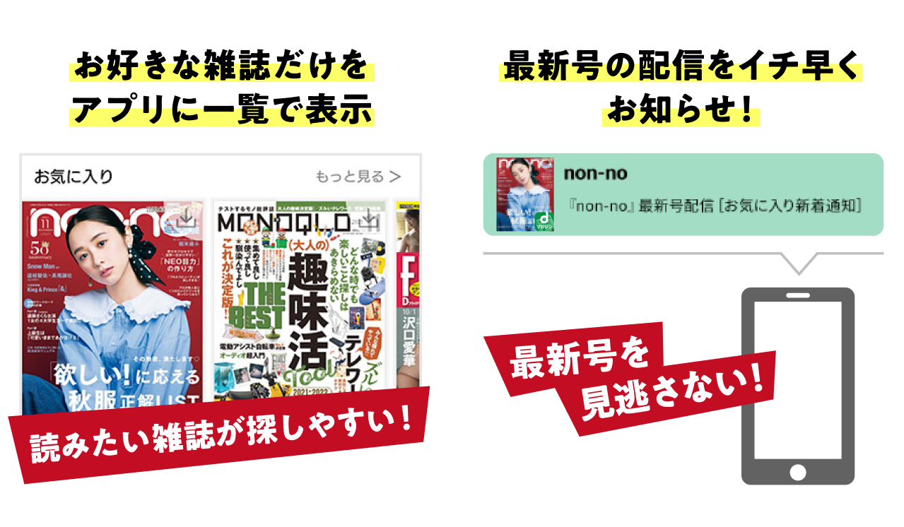 お好きな雑誌だけをアプリに一覧で表示 読みたい雑誌が探しやすい 最新号の配信をイチ早くお知らせ 最新号を見逃さない!